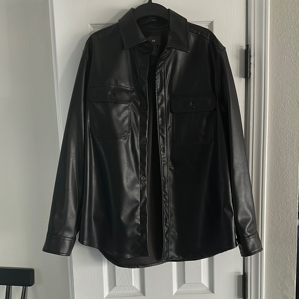 H&M Black Faux Leather Shirt Jacket